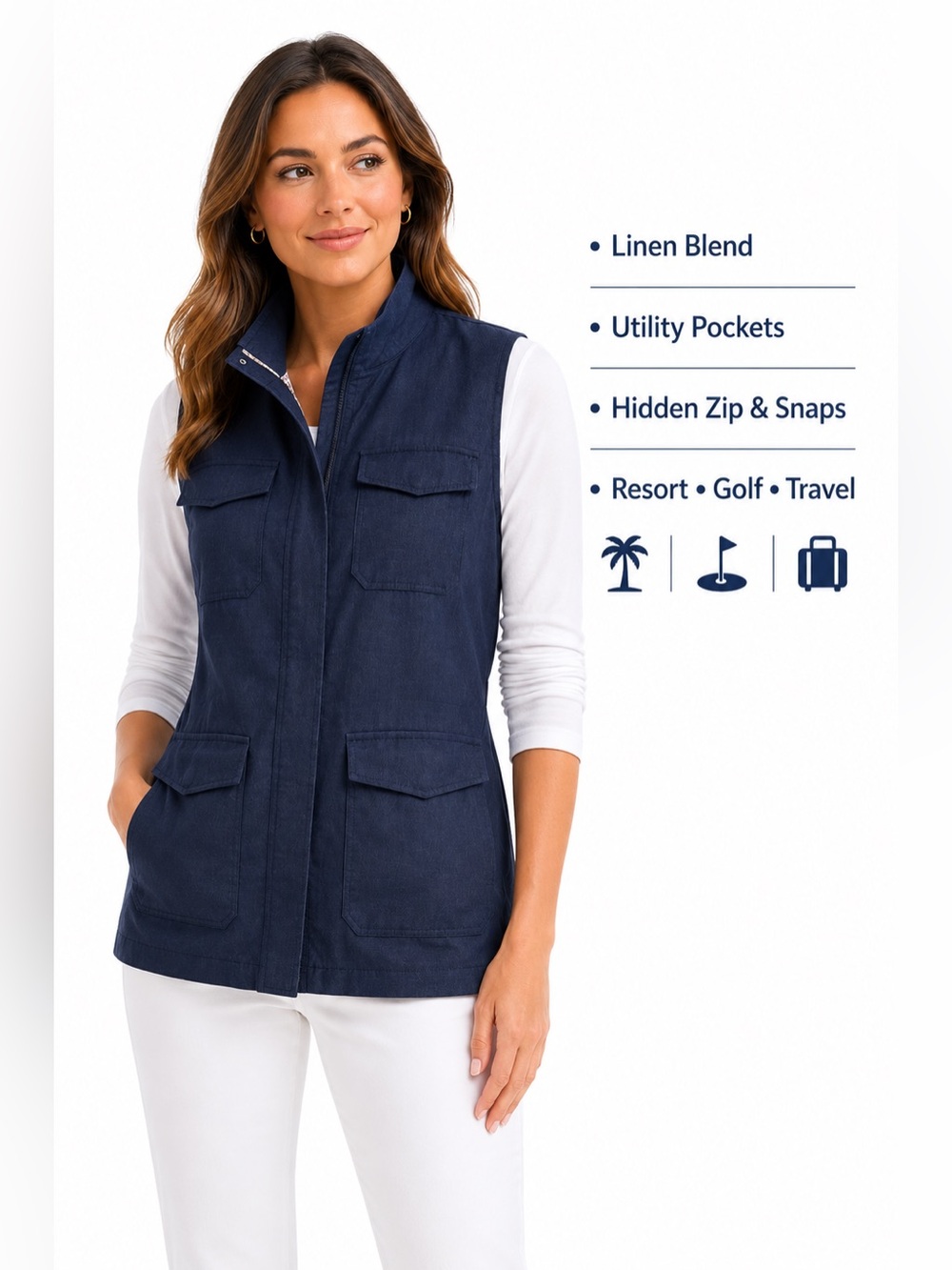 Peter Millar Navy Linen Blend Utility Safari Field Vest Women Med Coastal